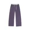 Calça de moletom de peso pesado, fluida, cós em blocos de cor, perna reta, unissex, nova coleção de outono, modelagem solta, calça esportiva casual de tricô roxa