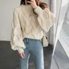 Suéter de punto trenzado para mujer, con cuello redondo y mangas tipo linterna, con un diseño relajado y elegante, de la nueva colección otoño/invierno, estilo coreano, corte holgado y una textura gruesa de punto trenzado