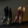 Botas de Cano Curto com Salto Grosso de Couro Bovino de Primeira Camada para Mulheres, Botas de Salto Alto Simples, Novas para Outono Inverno, Bico Quadrado, Zíper Lateral, Couro Genuíno, Botas de Cano Curto da Moda, Botas Femininas