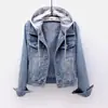 Chaqueta de Mezclilla Primavera y Otoño Nueva Retro Estilo Coreano Adelgazante con Capucha Corta Versátil Casual Superior para Estudiantes