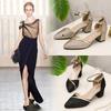 Sandalias Coreanas de Moda para Mujer Primavera 2024 con Hebilla de Una Correa, Tacones Altos Gruesos, Punta Fina, Diseño Hueco, Uso Diario, Hebilla Metálica