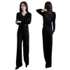 Traje de Moda Casual para Mujer 2026 Otoño Nuevo Elegante Reductor de Edad Adelgazante Camiseta de Manga Larga con Cuello en V Pantalones de Pierna Ancha Conjunto de Dos Piezas