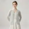 Cárdigan de punto para mujer con cuello redondo, mezcla de seda y cachemira, chaqueta de manga larga con botones de perla, diseño calado, capa interior de color liso