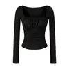 Camiseta Sexy de Manga Longa Plissada com Gola Quadrada 2025 Outono e Inverno Novo Estilo com Bojo no Peito Camiseta Básica Afinando a Cintura Top Pura Sedução