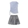 Camisa de Tirantes con Cordón Azul Francés Rayado para Mujer 2025 Verano Nuevo Diseño Dulce Nicho Top sin Mangas