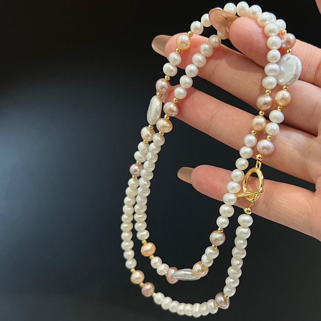 时尚百搭天然淡水珍珠项链女彩色串珠小众OT扣高级感