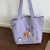 Bolso de Hombro de Nylon Bordado con Ciervo Lindo Estilo Bosque Gran Capacidad Bolsa Tote con Cordón Estilo Perezoso Bolsa para Commuter