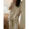 Pijama Listrado Preguiçoso Estilo Coreano para Mulheres, Novo Estilo de Verão, Conjunto Solto de Manga Curta e Calça Longa, Roupa de Casa, Tamanho Grande, Pode Ser Usado Fora