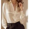 Camisa de Seda Simulada para Mujer 2025 Nuevo Estilo Hong Kong Color Puro Drapeado Único Verde Acetato Satén Camisa