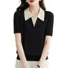 Salida de Liquidación Mostrador Retira Suéter de Hilo de Seda de Hielo Holgado con Cuello de Marca para Mujer, Elegante Camiseta de Manga Corta de Verano