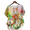 Toma Real de Amazon Aliexpress Verano 2026 Estampado Floral Talla Grande Vintage Algodón Lino Manga Corta Cuello Redondo Camisa para Mujer