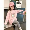 Camiseta de algodão puro com estampa de desenho animado para meninas, manga longa, corte solto casual estilo coreano, camiseta básica casual fofa para crianças, primavera e outono