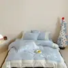 Juego de Ropa de Cama de Gasa Arrugada de Doble Capa 100% Algodón Estilo Coreano con Bordado de Conejo, Suave y Amigable con la Piel, Perfecto para Dormir Desnudo, Juego de Cuatro Piezas con un Toque Femenino