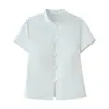 Roupa Feminina de Verão Europeia e Americana, Novo Estilo Chinês, Estilo Nacional, Gola Alta, Decoração de Nó de Corda, Blusa Top de Popeline de Manga Curta com Ajuste na Cintura