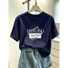Camiseta de manga corta tie-dye azul con diseño único para mujer, moderna y versátil, adelgazante, hombro normal, top de algodón puro, verano 2026