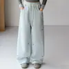 Calça de Moletom Feminina Primavera e Outono 2026 Nova Casual Estilo Coreano Crianças Médias e Grandes Bordado de Laço Calça de Perna Larga Transfronteiriça