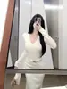 Vestido de tricô feminino para outono e inverno, vestido interno longo, elegante, com caimento justo e que valoriza a silhueta