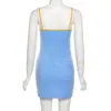 Vestido de tirantes retro Y2K para mujer con bloques de color, ribete azul y amarillo, corte ajustado, adecuado para la costa y la playa, vestido corto de vacaciones de moda