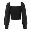 Comércio Exterior Transfronteiriço Roupas Femininas Primavera 2026 Estilo Europeu e Americano Gola Redonda Manga Bufante Decorada com Botões Camisa Curta para Mulheres G57725