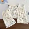 Conjunto de Pijama de Tres Piezas Simple Casual de Nube Verano Nuevo Manga Corta Shorts Pantalones Largos Ropa de Casa Delgada Verano Lindo