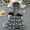 Vestido floral suave estilo francés para mujer, de manga larga, con cintura de corbata, falda de línea A, adelgazante y elegante, vestido largo, Otoño 2026