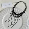 Colar Longo em Camadas com Contas Pretas Empilhado Feminino Fashionável Elegante Design de Nicho Corrente de Clavícula de Alta Qualidade