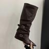 Fivela de Cinto ~ Calças Botas Botas de Salto Grosso Botas Longas Femininas Europeias e Americanas Meninas Populares Botas de Cano Alto Calças Pretas de Bico Rua Frita