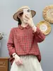 Camisa longa de algodão com trama dupla xadrez pequeno, estilo retrô, para mulheres, primavera e outono, solta e versátil, top casual, jaqueta, tingida no fio