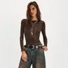 Camiseta Top de Malha Transparente com Strass, Estilo Sexy e Atraente Primavera-Verão, Mais Vendida da Amazon, de Manga Longa para Mulheres
