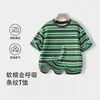 Camiseta de Verano Nueva de Algodón Puro a Rayas de Manga Corta para Niños Pequeños, Top Delgado Holgado Elegante de Media Manga para Niños