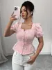 Ropa Femenina Transfronteriza Europea y Americana Moda de Verano Elegante Casual Camisa Cuello Cuadrado Manga Abullonada Manga Corta Top Dulce