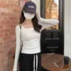 Camiseta Básica de Cuello en U para Mujer, Nuevo Estilo de Alta Gama Otoño e Invierno 2025, Versátil y Adelgazante, con Clavícula Expuesta, Camiseta de Manga Larga para Interior