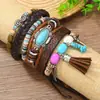 Novo Produto, Mais Vendido no Exterior, Conjunto de 6 Peças de Pulseiras Empilháveis Multicamadas, Couro Trançado à Mão, com Contas, Turquesa, Liga Metálica, Argila Macia