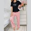 Conjunto de Pijama Feminino Europeu e Americano Transfronteiriço Loungewear Seda de Leite Estampa de Letras por Toda Parte Manga Curta Calça Longa Atacado Estilo Fino