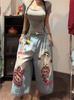 Jeans Cortos de Mezclilla Desgastada Retro Americana Bordados para Mujer High Street Rectos Holgados Adelgazantes de Pierna Ancha