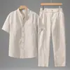 Camisa de Lino Lyocell para Hombre de Corte Holgado con Cuello Mao Traje Casual de Moda