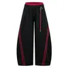 Pantalones Casuales de Rayas de Color Bloque Rojo con Empalme Interno Doble Capa Diseño de Cimitarra Retro Americano Unisex de Pierna Ancha Sueltos Deportivos