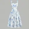 Vestido de alça floral azul e branco para meninas, best-seller transfronteiriço, gola quadrada francesa, cintura elástica, saia em A, estilo princesa, vestuário infantil de comércio exterior