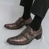 Sapatos Monge Brilhantes de Fivela Dupla Masculinos Bico Fino Salto Grosso Aumento de Altura Casuais de Couro Tendência Retro Britânica Sapatos Formais de Couro