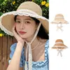 Sombrero de Paja Tejida para Playa con Protección Solar de Verano, Dulce Sombrero de Pescador Floral para Mujer, Ribete de Encaje de Primavera, Estilo Vacacional, Ala Ancha