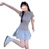 Vestido de manga larga con cuello polo de estilo suave y dulce para mujer en verano. Diseño de nicho, adelgazante en la cintura, falda línea A, petite, falda corta.
