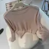 Camiseta base de cuello redondo con borde enrollado de lana Tencel, suave y amigable con la piel, para mujer, corte holgado, adelgazante, con caída, relajada, camiseta clásica de manga larga
