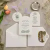 Set de invitaciones de boda en lujoso papel hecho a mano color verde bosque, con papel de algodón de borde deshilachado, adecuado para fiestas de compromiso
