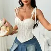 Corset cruzado sexy e quente com botões, retalhos e cadarço de renda espinha de peixe, com toque de alta qualidade, afina a cintura e realça o busto, camisola de algodão para mulheres