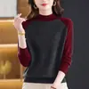 Suéter Color Block para Mulheres no Outono e Inverno Novo Estilo Gola Alta Meia Suéter de Tricô para Base Mães, Visual Solto e Emagrecedor Suéter de Cor Contrastante