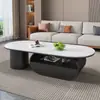 Mesa de centro ovalada minimalista estilo crema de losa de roca, tamaño pequeño, para sala de estar, combinación moderna de lujo ligero, mesa pequeña nueva