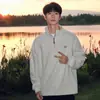 Moletom com Gola Alta e Zíper Parcial Estilo Americano com Forro de Fleece para Homens, Roupa de Outono e Inverno, Peça Superior Pesada sem Capuz, Camisa de Manga Longa para Camada Base
