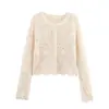 Cardigan de Tricô Popular Europeu e Americano para Mulheres do Aliexpress, Novo, Gola Redonda, Manga Longa, Vazado, Barra Ondulada