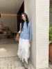 Tricô de Linho Mmc para Mulheres, Nova Coleção de Primavera, Treze Linhas de Guangzhou, Design Coreano, Alto Padrão, Cintura Marcada, Emagrecimento, Manga Longa