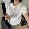 Suéter de Punto para Mujer de Manga Corta con Cuello Polo de Lana Estilo Coreano Suelto Casual Tejido Combinable Básico de Media Manga Ins